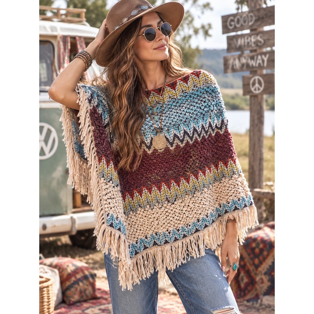 Unbranded Knit Poncho Women OS Multi Color Excellent Boho Fringe Chevron Popcorn
